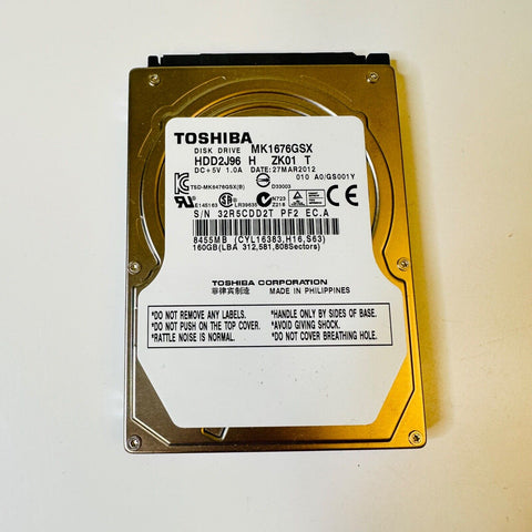 TOSHIBA MK1676GSX 160GB 5400RPM 8MB Cache 2.5" SATA  Internal Hard Drive.