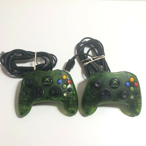 2 x Original XBOX Translucent Green Halo Clear Controller S-Type With Breakaway